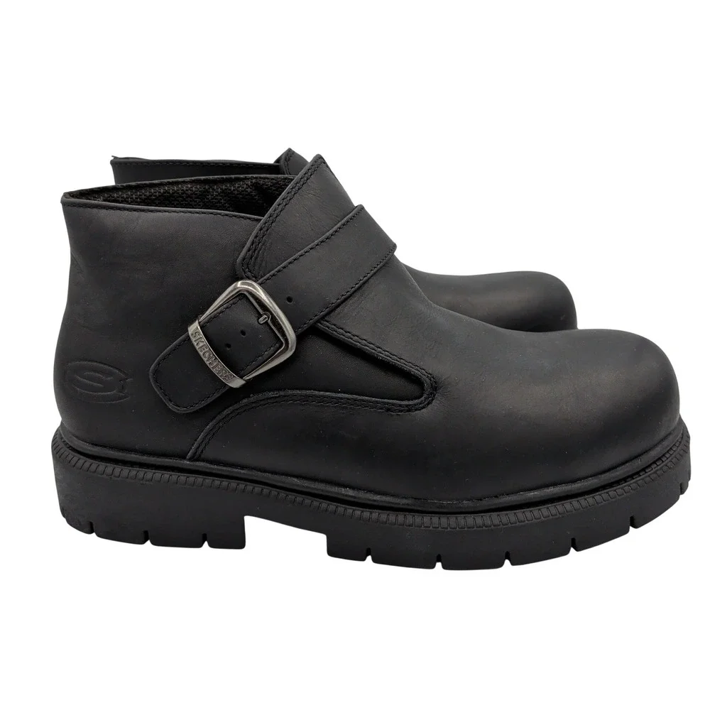 Skechers Y2K Platform Boots Mens 13 Black Leather Monk Strap Buckle Lug Sole